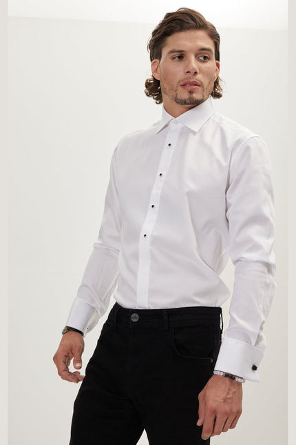 Men's Stud Button French Cuff Tuxedo Shirt - White | Ron Tomson