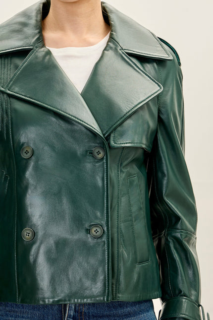 Women's Lambskin Leather Double-Breasted Trench Jacket - Green | Ron Tomson