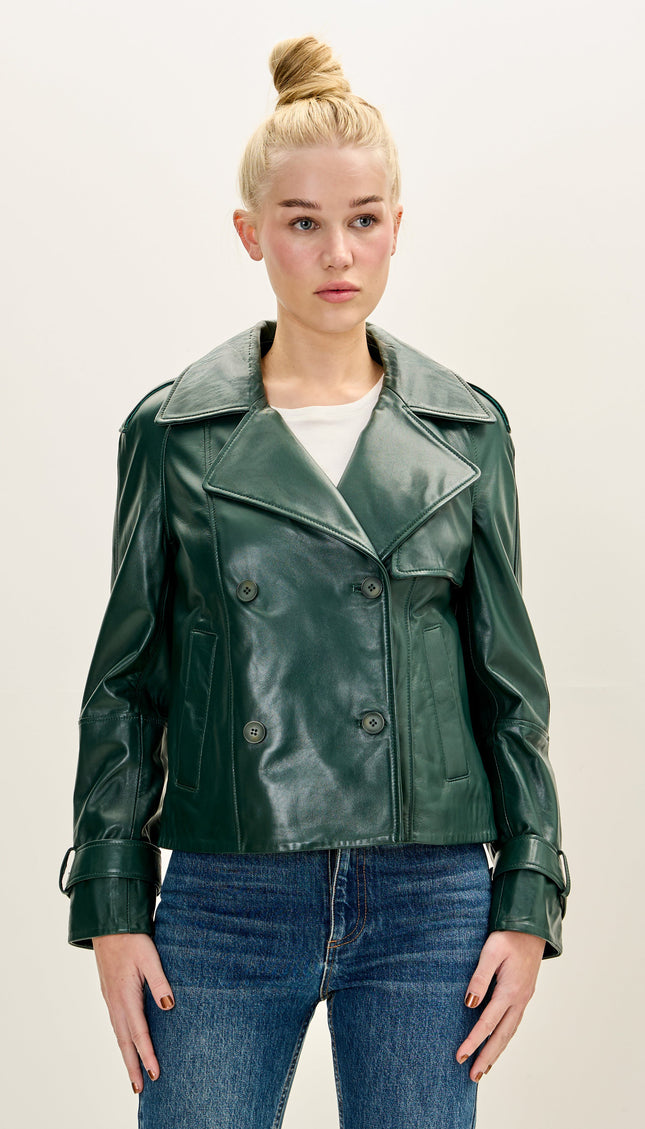 Lambskin Leather Double-Breasted Trench Jacket - Green
