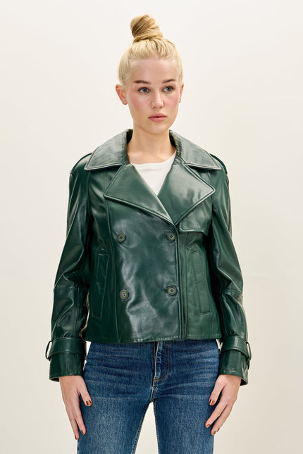 Women's Lambskin Leather Double-Breasted Trench Jacket - Green | Ron Tomson