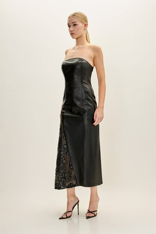 Women's Strapless Lambskin Leather Dress - Black | Ron Tomson