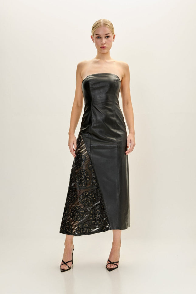 Women's Strapless Lambskin Leather Dress - Black | Ron Tomson