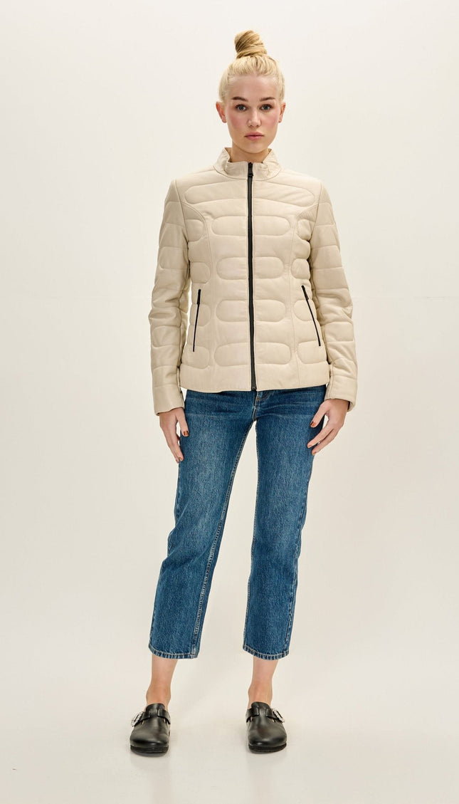 Lambskin Leather Puffer Jacket - Beige