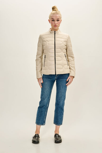 Women's Lambskin Leather Puffer Jacket - Beige | Ron Tomson