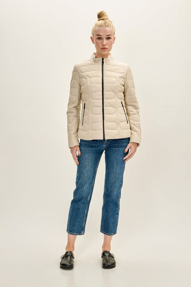 Women's Lambskin Leather Puffer Jacket - Beige | Ron Tomson