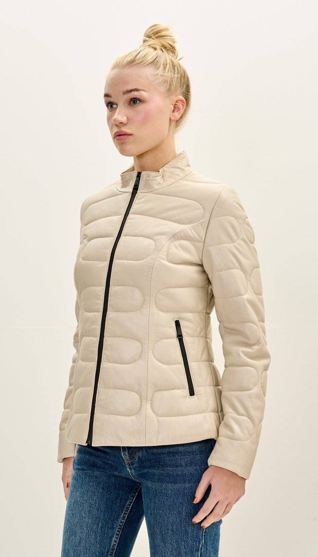 Lambskin Leather Puffer Jacket - Beige