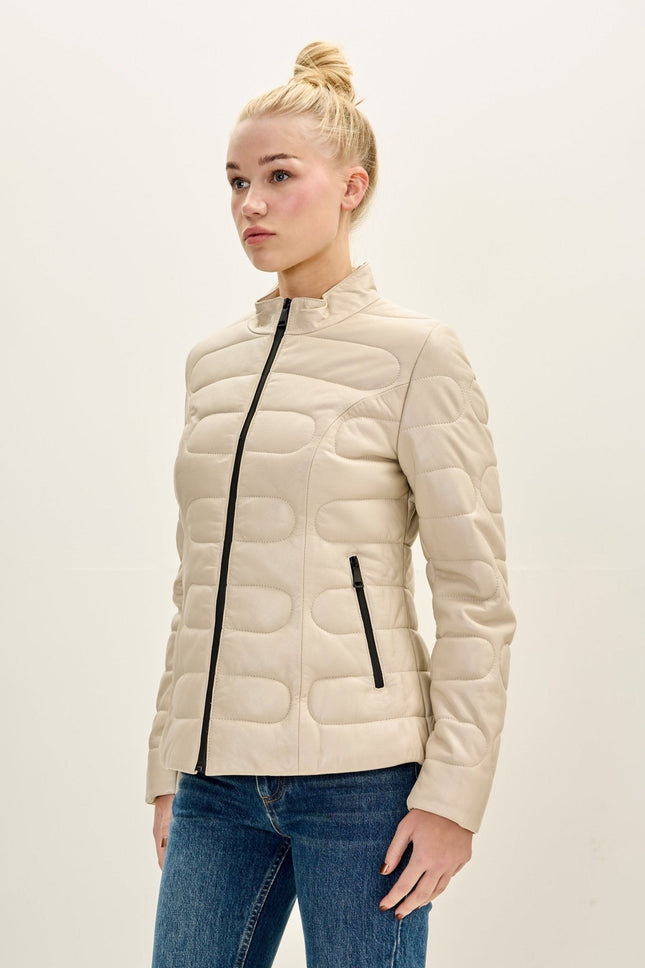 Women's Lambskin Leather Puffer Jacket - Beige | Ron Tomson