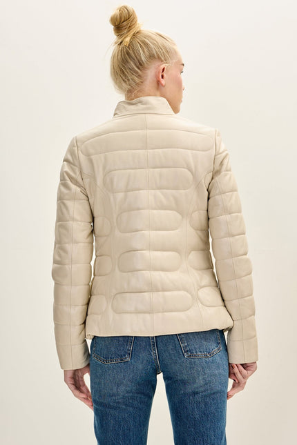 Women's Lambskin Leather Puffer Jacket - Beige | Ron Tomson