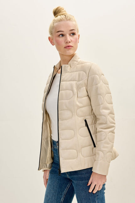 Women's Lambskin Leather Puffer Jacket - Beige | Ron Tomson