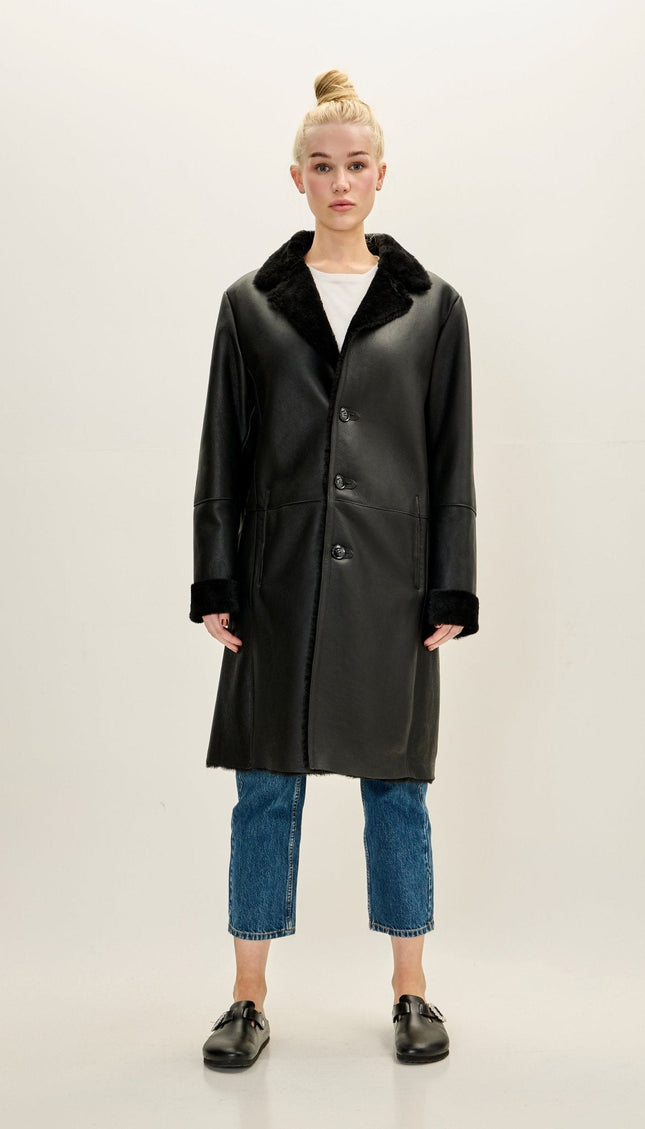 Toscana Shearling-Lined Lambskin Overcoat - Black