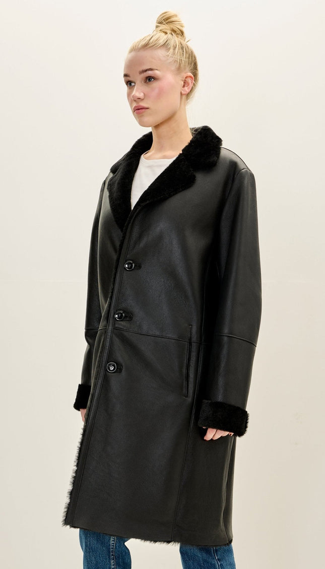 Toscana Shearling-Lined Lambskin Overcoat - Black