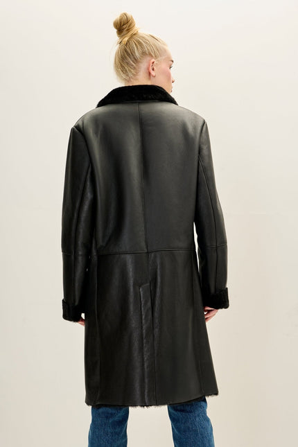 Women's Toscana Shearling-Lined Lambskin Overcoat - Black | Ron Tomson