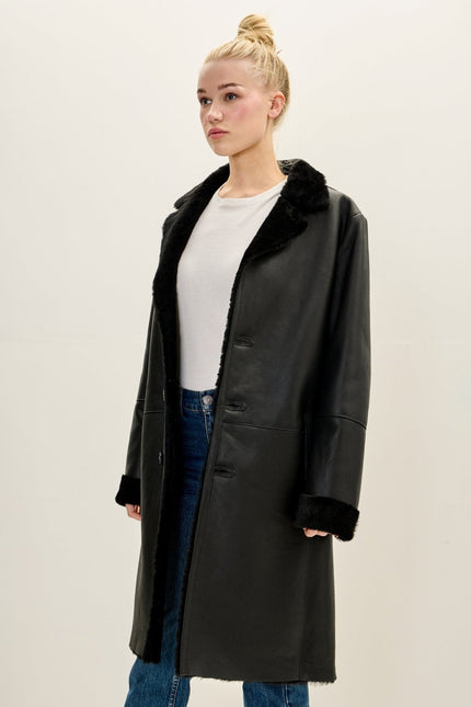Women's Toscana Shearling-Lined Lambskin Overcoat - Black | Ron Tomson
