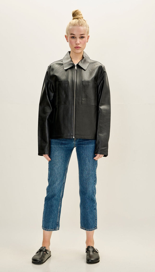 Lambskin Leather Trucker Jacket - Black