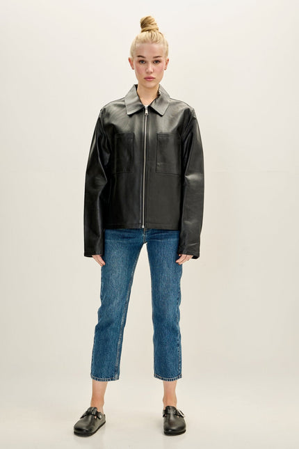 Women's Lambskin Leather Trucker Jacket - Black | Ron Tomson