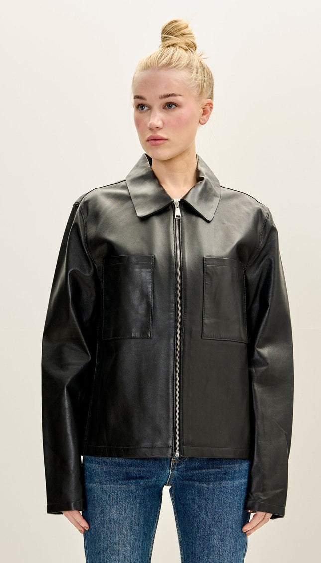 Lambskin Leather Trucker Jacket - Black
