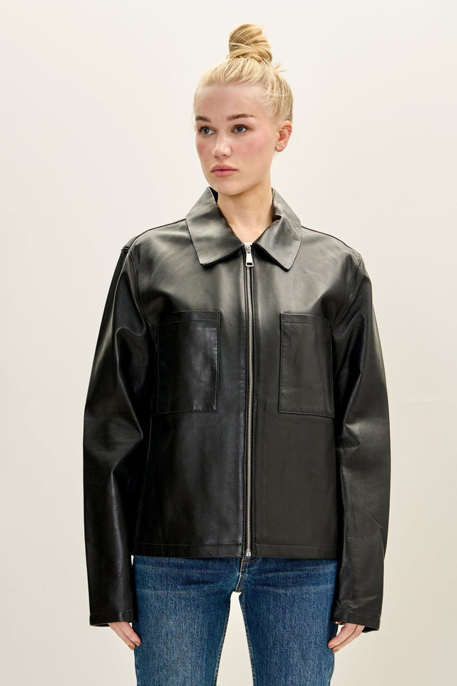 Women's Lambskin Leather Trucker Jacket - Black | Ron Tomson