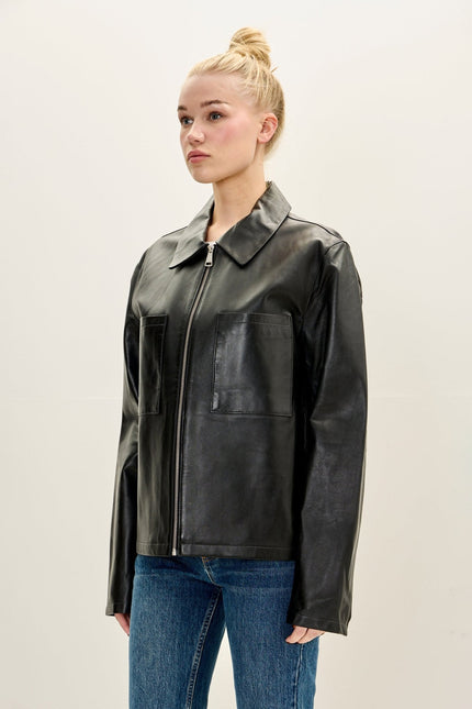 Women's Lambskin Leather Trucker Jacket - Black | Ron Tomson
