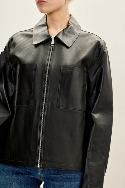 Women's Lambskin Leather Trucker Jacket - Black | Ron Tomson
