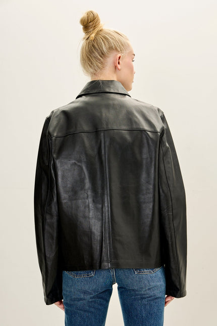 Women's Lambskin Leather Trucker Jacket - Black | Ron Tomson