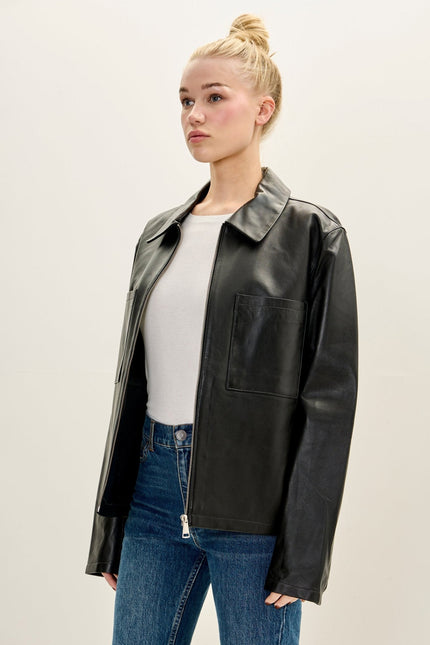 Women's Lambskin Leather Trucker Jacket - Black | Ron Tomson