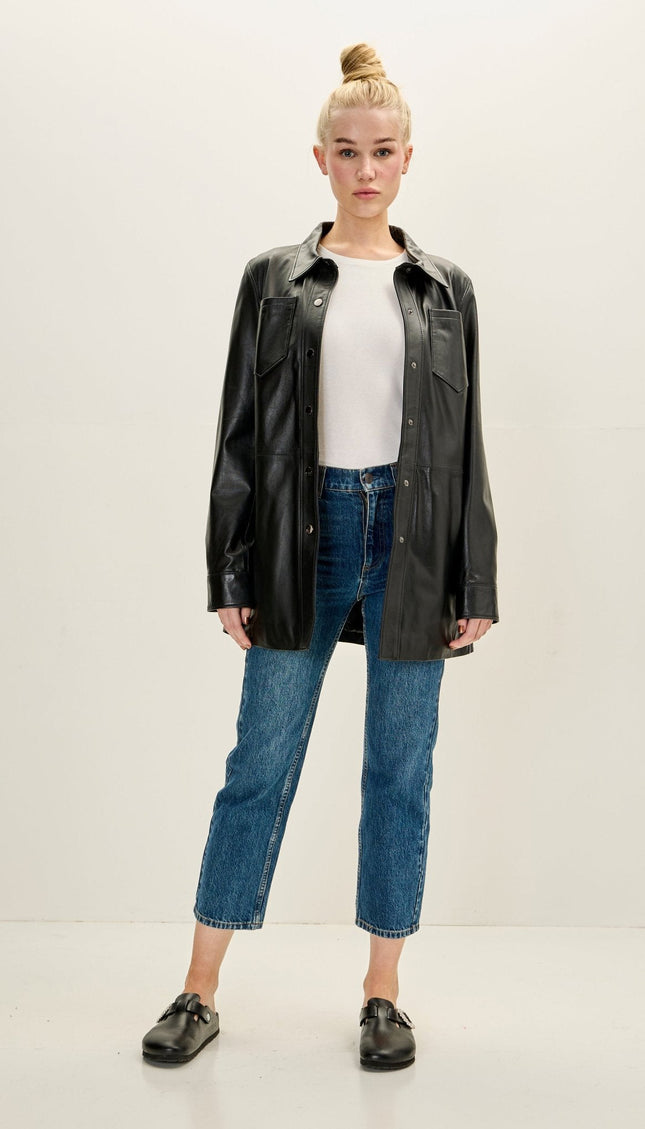 Lambskin Leather Shirt Jacket - Black
