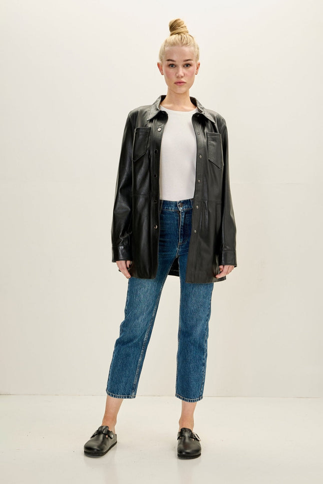 Women's Lambskin Leather Shirt Jacket - Black | Ron Tomson