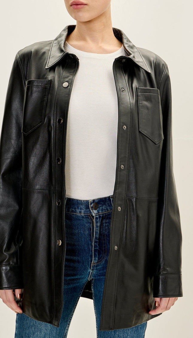 Lambskin Leather Shirt Jacket - Black