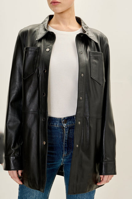 Women's Lambskin Leather Shirt Jacket - Black | Ron Tomson