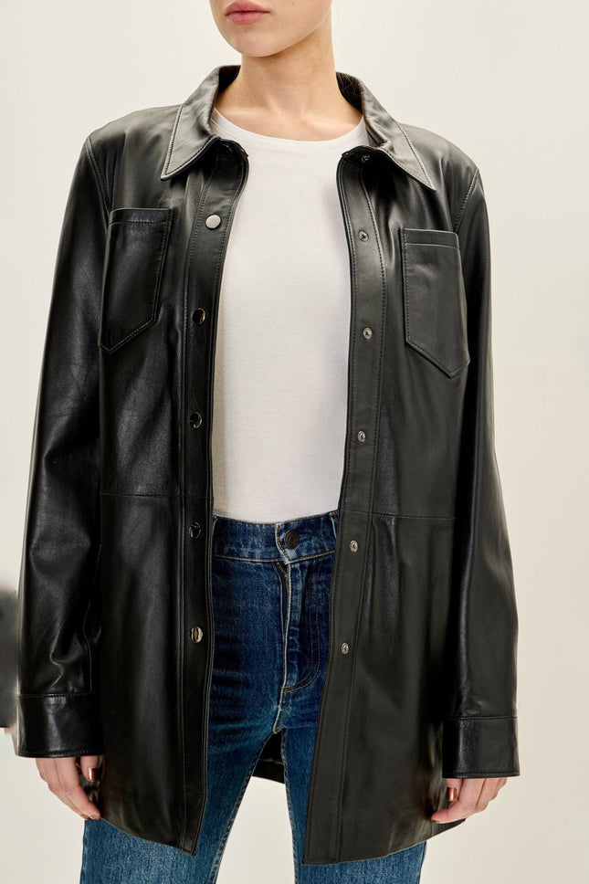 Women's Lambskin Leather Shirt Jacket - Black | Ron Tomson
