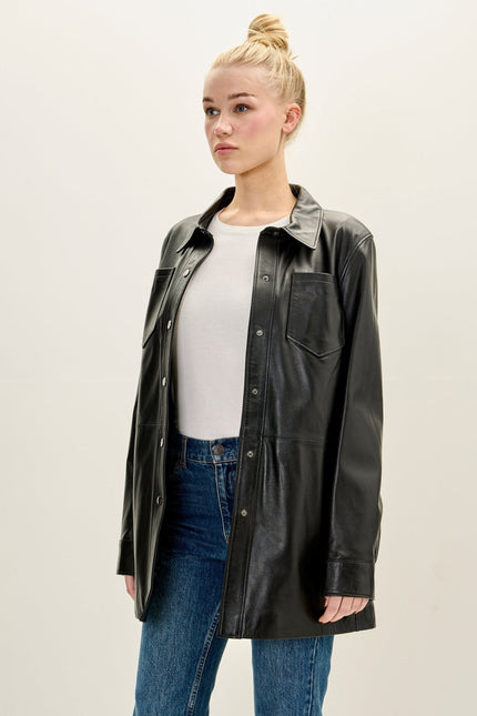 Women's Lambskin Leather Shirt Jacket - Black | Ron Tomson