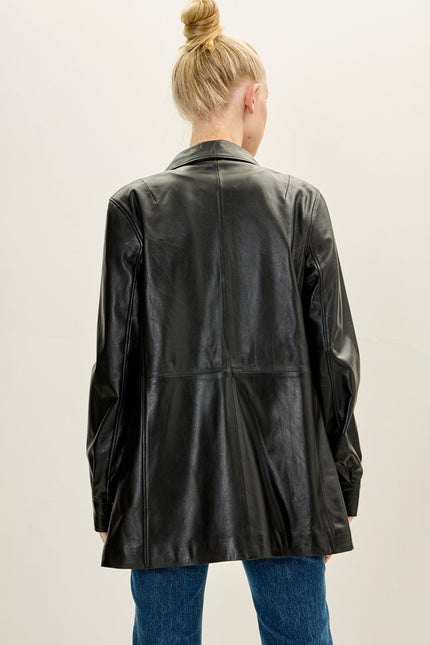 Women's Lambskin Leather Shirt Jacket - Black | Ron Tomson