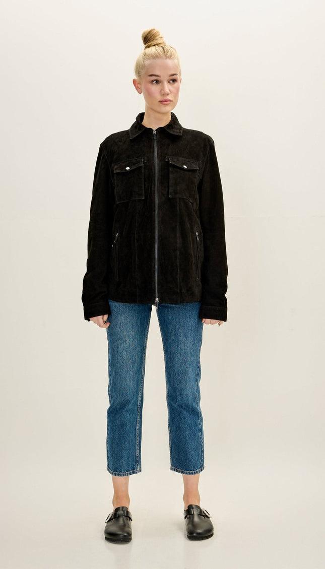 Lambskin Suede Utility Field Jacket - Black