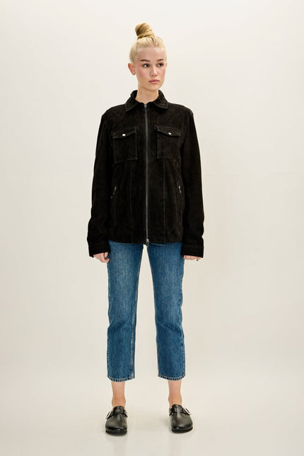 Women's Lambskin Suede Utility Field Jacket - Black | Ron Tomson