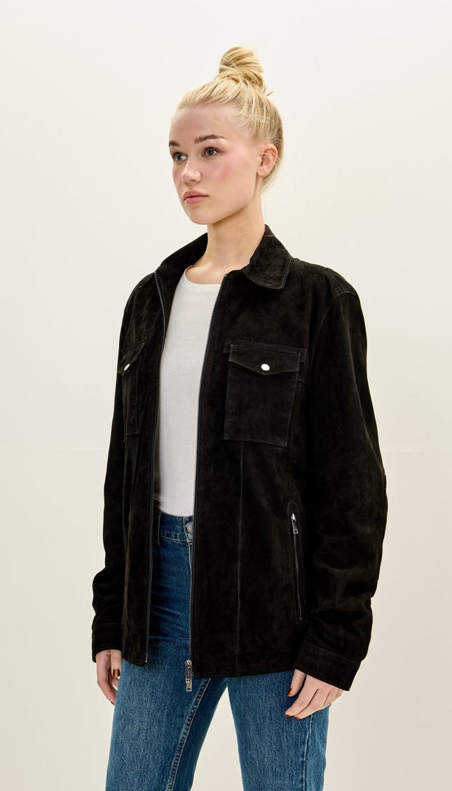 Lambskin Suede Utility Field Jacket - Black
