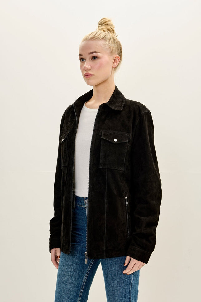Women's Lambskin Suede Utility Field Jacket - Black | Ron Tomson
