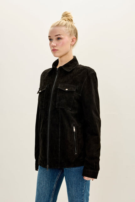 Women's Lambskin Suede Utility Field Jacket - Black | Ron Tomson