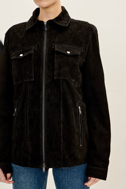 Women's Lambskin Suede Utility Field Jacket - Black | Ron Tomson