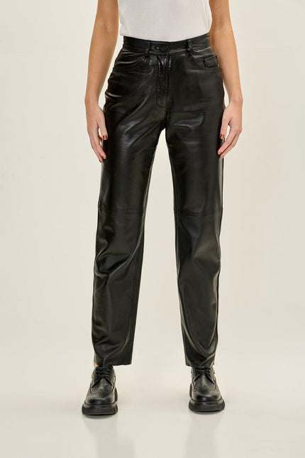 Women's Lambskin Leather 5-Pocket Pants - Black | Ron Tomson