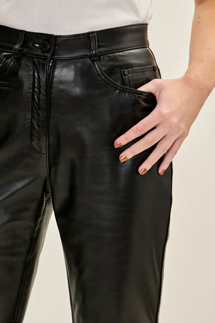 Women's Lambskin Leather 5-Pocket Pants - Black | Ron Tomson