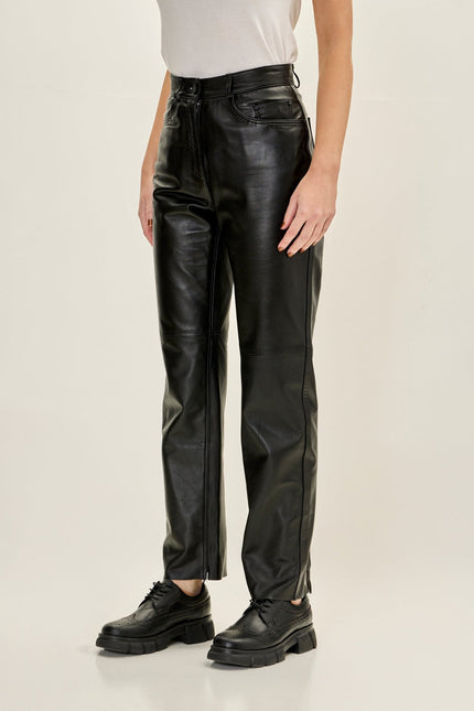Women's Lambskin Leather 5-Pocket Pants - Black | Ron Tomson