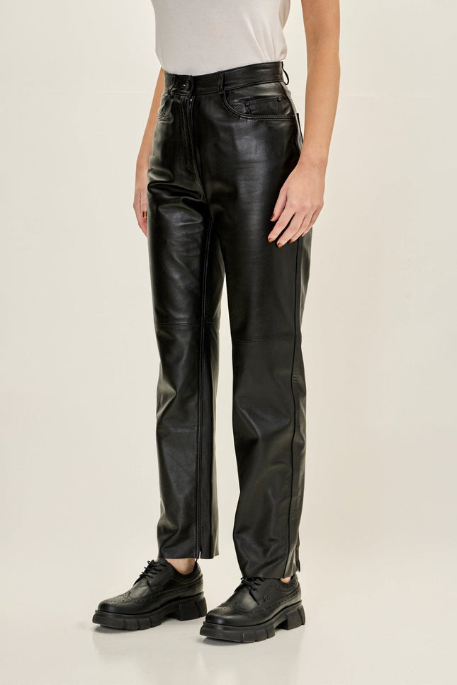 Women's Lambskin Leather 5-Pocket Pants - Black | Ron Tomson