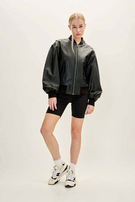 Women's Lambskin Leather Bubble-Sleeve Jacket - Black | Ron Tomson