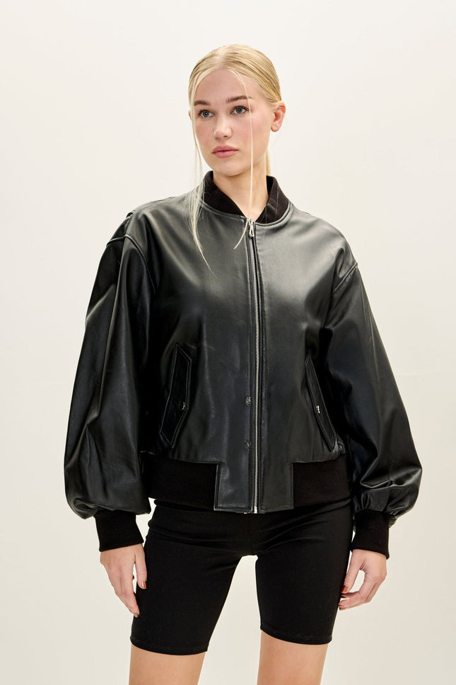 Women's Lambskin Leather Bubble-Sleeve Jacket - Black | Ron Tomson