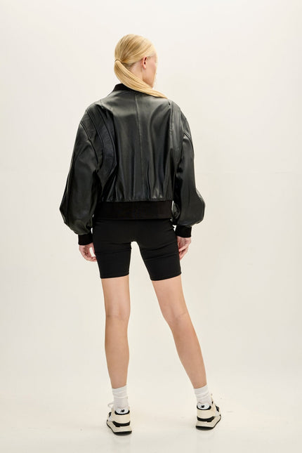 Women's Lambskin Leather Bubble-Sleeve Jacket - Black | Ron Tomson