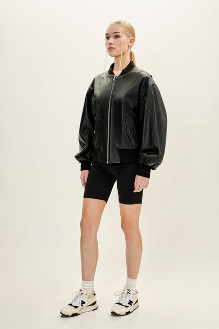 Women's Lambskin Leather Bubble-Sleeve Jacket - Black | Ron Tomson