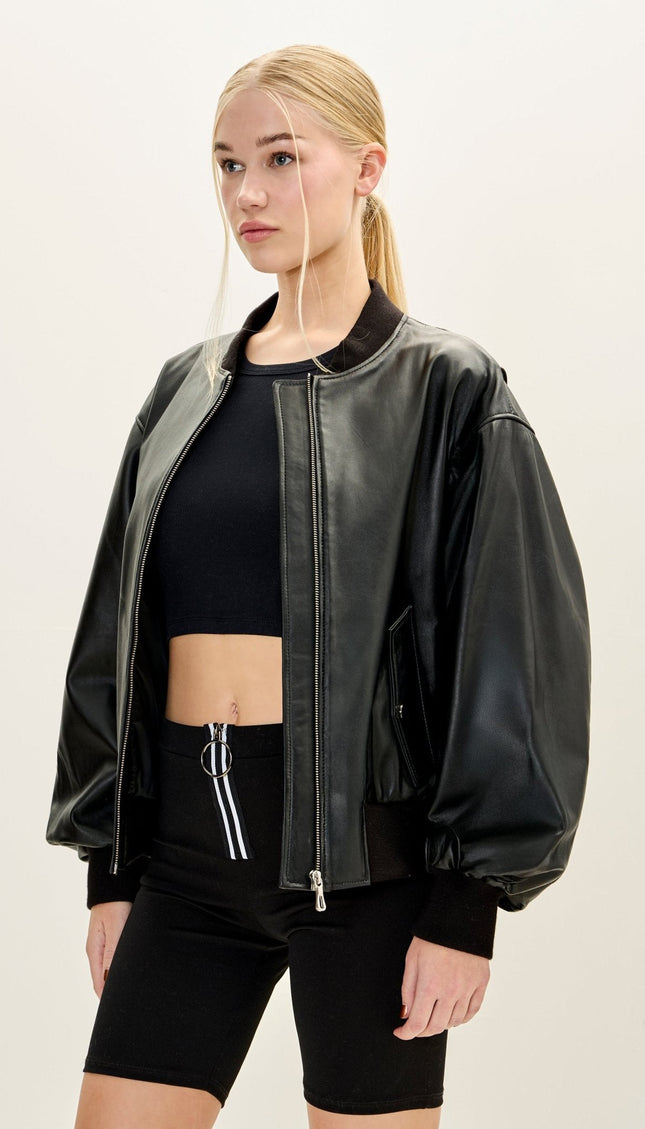 Lambskin Leather Bubble-Sleeve Jacket - Black