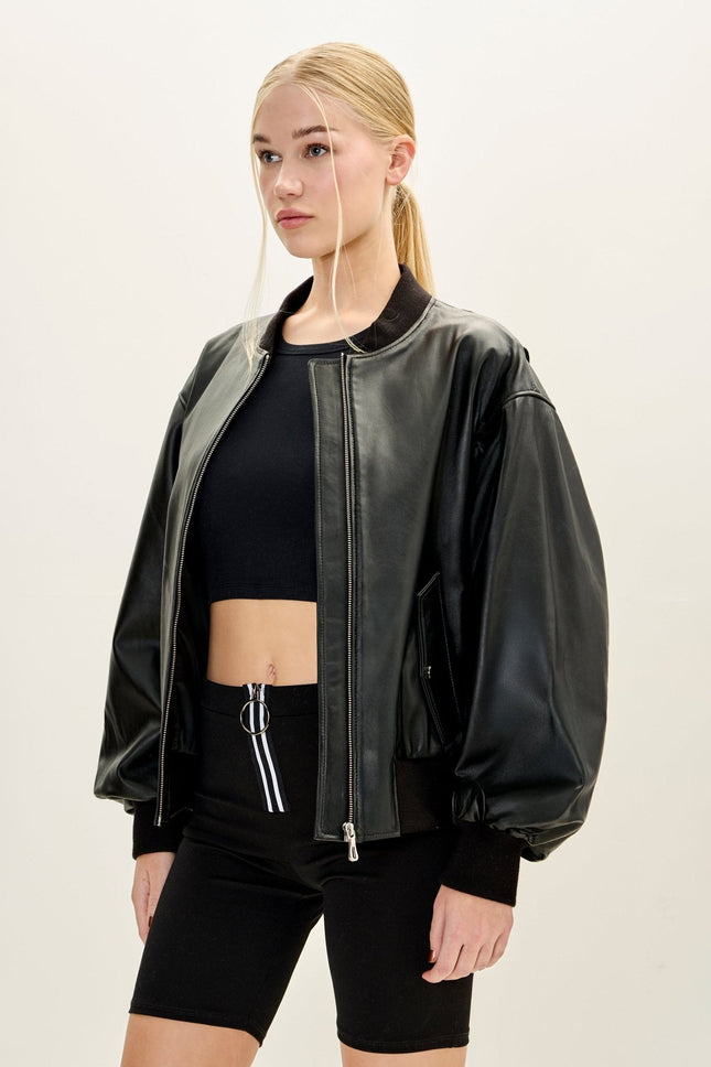 Women's Lambskin Leather Bubble-Sleeve Jacket - Black | Ron Tomson