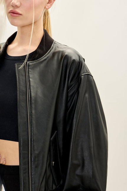 Women's Lambskin Leather Bubble-Sleeve Jacket - Black | Ron Tomson