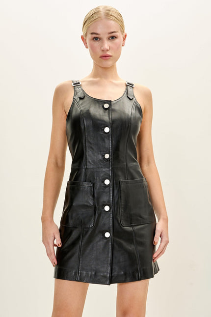 Women's Lambskin Leather Mini Tank Dress - Black | Ron Tomson